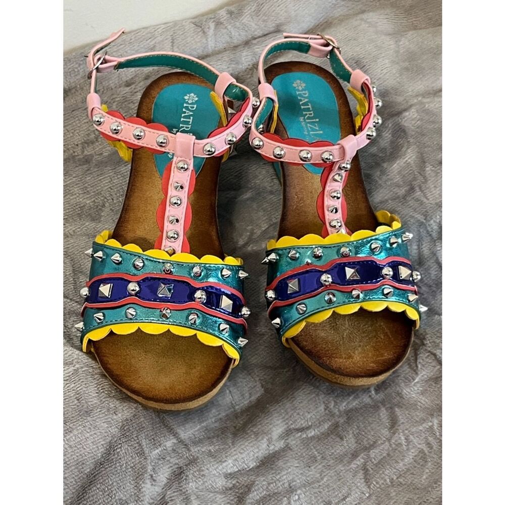 NWOB Patrizia Multicolor Studded Leather Wedge Sandals Size 7.5 US 38 UK